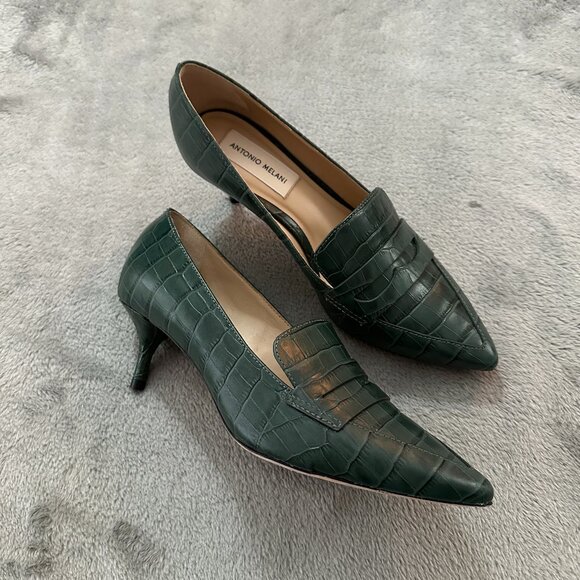 Antonio Melani Dark Green Pointed Toe Kitten Heels Women's 6.5 Penny Loafers - Picture 1 of 7